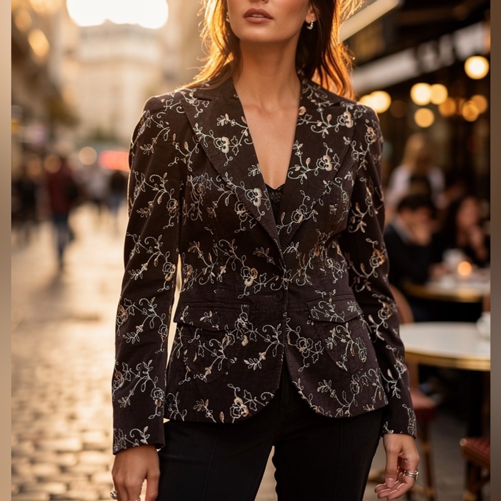 Good Clothes Brown Corduroy Floral Embroidered Blazer